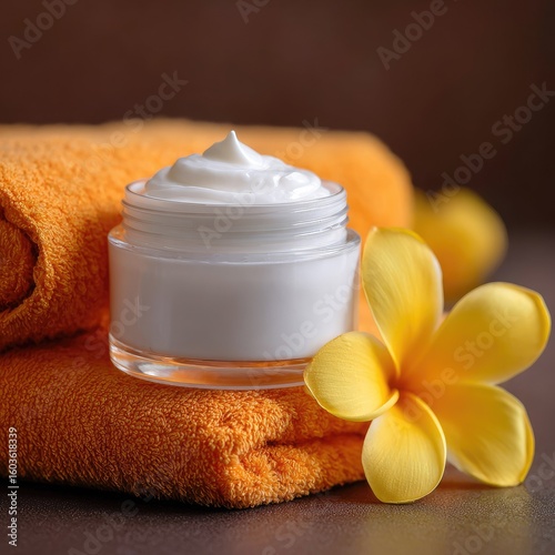 A clear jar of creamy white lotion sits atop folded orange towels, next to a vibrant yellow flower, creating a spa-like, tranquil scene