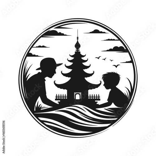 Father and son observe pagoda and flying birds silhouette temple