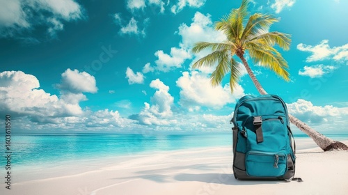 Beautiful tropical beach with white sand, turquoise ocean on background blue sky with clouds on sunny summer day. Palm tree leaned over water. Perfect landscape for relaxing vacation, island