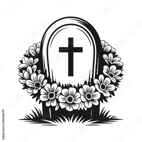 Gravestone with cross and floral wreath flowers grass