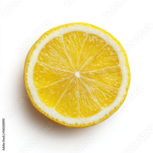 A perfectly round, cross-section of a lemon, showcasing its vibrant yellow flesh and segments against a stark white background.  The image is brightly lit, highlighting the juicy texture