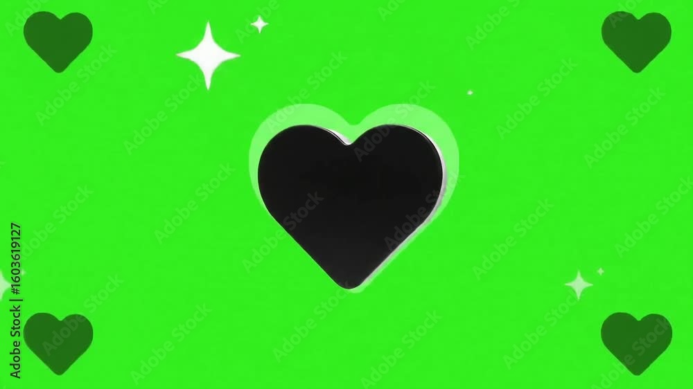 Animated vibrant green background with a large black heart in the center and smaller hearts and star shapes scattered throughout