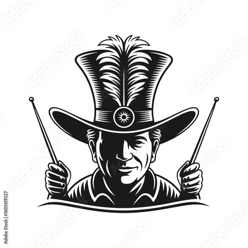 Man in ornate hat holding drumsticks feathers conductor