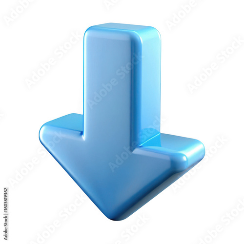 Glossy blue downward arrow icon isolated on transparent background