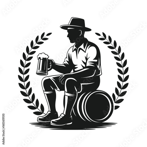 Man with beer mug sitting on barrel with laurel wreath vector