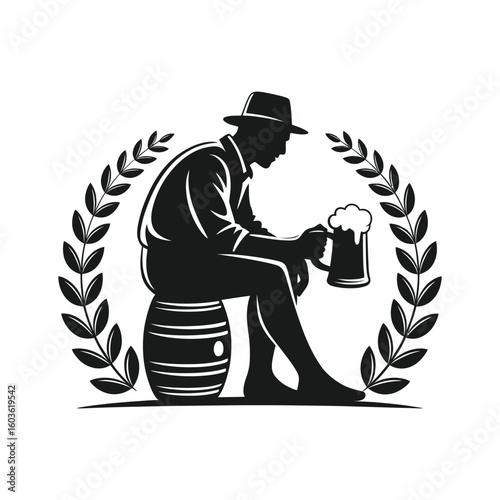 Man with hat holding beer mug sitting on barrel with laurel wreath vector