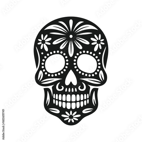 Ornate black sugar skull with floral patterns calavera day of the dead
