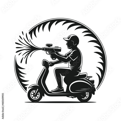 Person riding scooter shooting water gun water spray