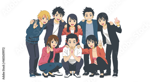 Joyful anime friends posing together showing peace signs and smiling for a fun group portrait