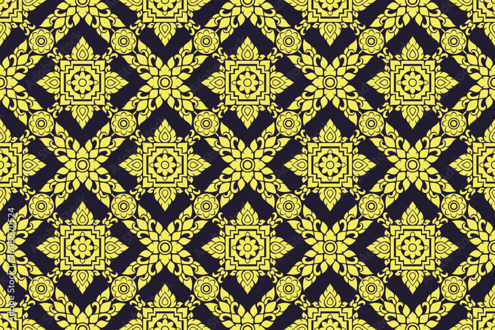 Fototapeta premium Traditional Thai art seamless floral arabesque damask pattern motif suitable for wallpaper, cloth, curtain, textile, tile and fabric design isolated illustration vector archive EPS file.