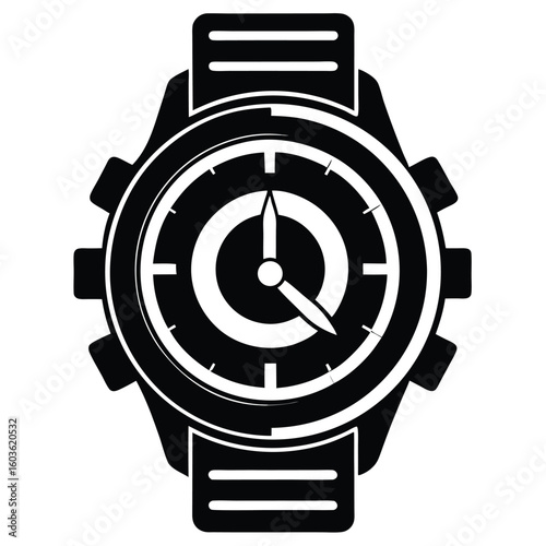 A detailed black and white vector illustration of a wristwatch design