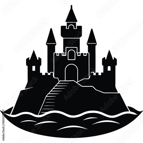 A silhouette of a castle with stairs on an island surrounded by water