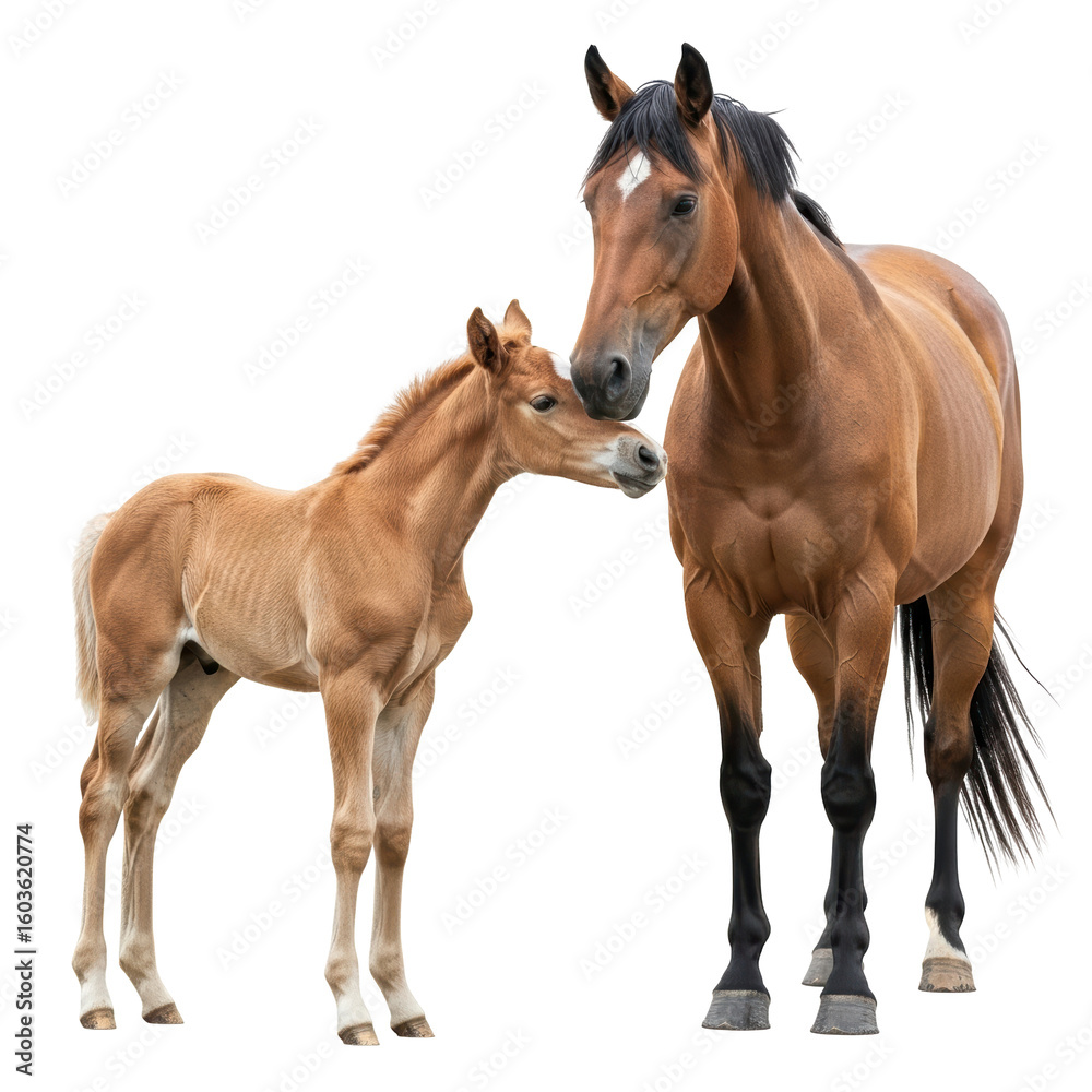Fototapeta premium A heartwarming scene of a brown mare and her light brown foal standing together, illustrating their close connection and the beauty of equine family life.