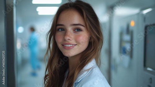 A smiling young woman in a lab coat in a medical setting, exuding warmth and professionalism. Free Download A smiling young woman in a lab coat in a medical setting, exuding warmth and professionalism. - GFXLoad
