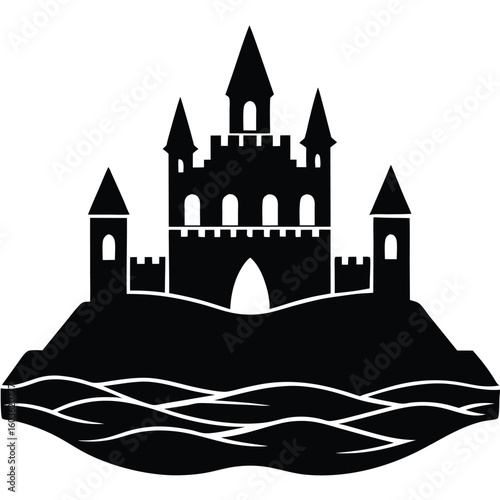 A silhouette of a castle on an island surrounded by water graphic design