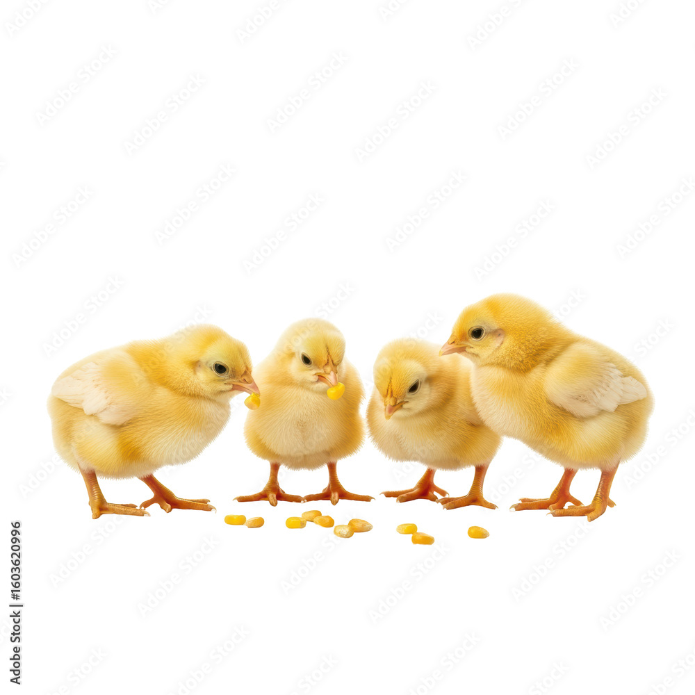 Fototapeta premium A group of four fluffy yellow baby chicks are gathered together, actively pecking at scattered corn kernels, showcasing their natural feeding behavior.