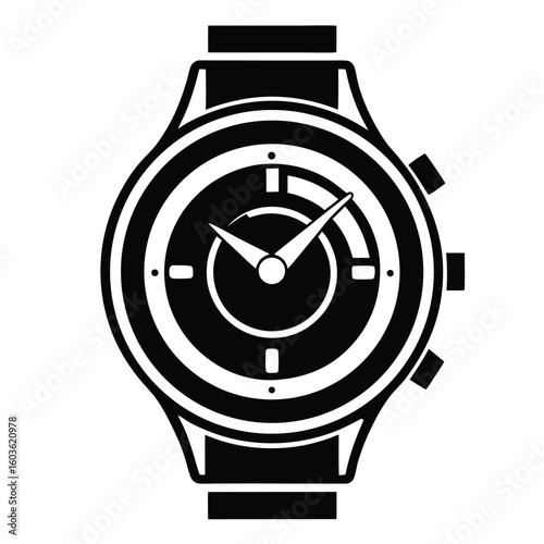 A detailed black and white vector graphic of a wristwatch with multiple dials