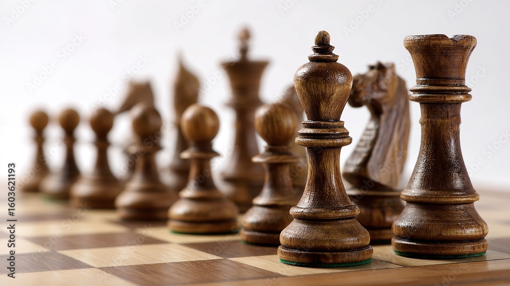Dark-brown wooden chess pieces arranged on a light-wood board, in sharp focus, with a shallow depth of field emphasizing the foreground pieces; the background pieces are blurred Dark-brown wooden chess pieces arranged on a light-wood board, in sharp focus, with a shallow depth of field emphasizing the foreground pieces; the background pieces are blurred