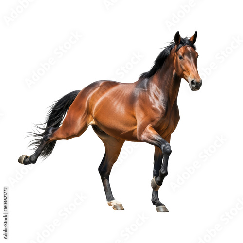 A beautiful bay horse with a dark mane and tail is captured in a dynamic trot, showcasing its strength and elegance. Ideal for equestrian, animal, or sports themes.