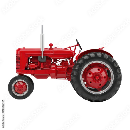Bright red vintage farm tractor, side view. This classic agricultural machine is ready for work on the farm, symbolizing rural life and farming heritage.