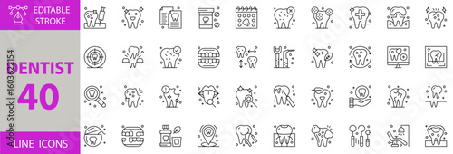 Dentist line icon set. Set of dentist, dental, tooth, teeth, healthcare, medical, clinic, hygiene, oral, care, injection, alert, toothbrush, extraction, dental floss, approve, pain, cavity, renew icon