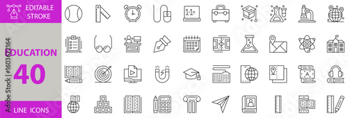 Education line icon set. Set of graduation, bag, math, mouse, clock, ball, ruler, globe, mobile, book, write, calculator, notepad, homework, keyboard, magnet, school, education, football icons.