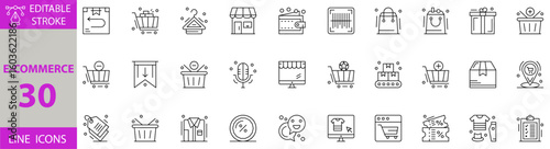 E-Commerce icon set. Set of shopper, barcode, wallet, shop, hanger, shopping cart, tag, clipboard, clothes, ticket, online shopping, chat, discount, box, microphone, remove, bookmark, delivery icons.