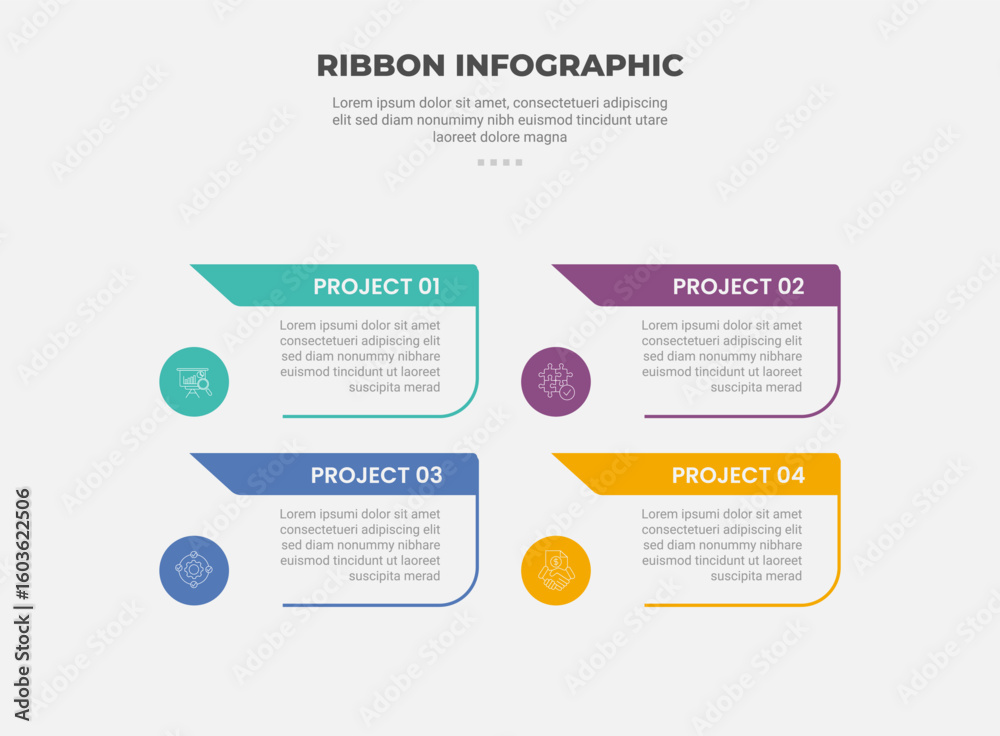 Fototapeta premium ribbon base shape infographic outline style with 4 point template with open box and sharp arrow header badge with circle for slide presentation