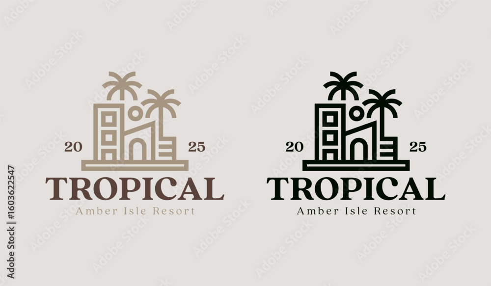 Fototapeta premium Palm House Resort Logo Template. Universal creative premium symbol. Vector illustration. Creative Minimal design template. Symbol for Corporate Business Identity