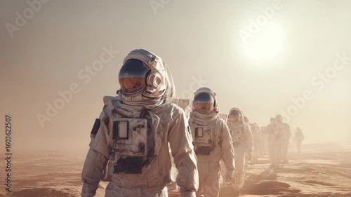 Astronauts expedition walking on Mars surface exploring the red planet colonization