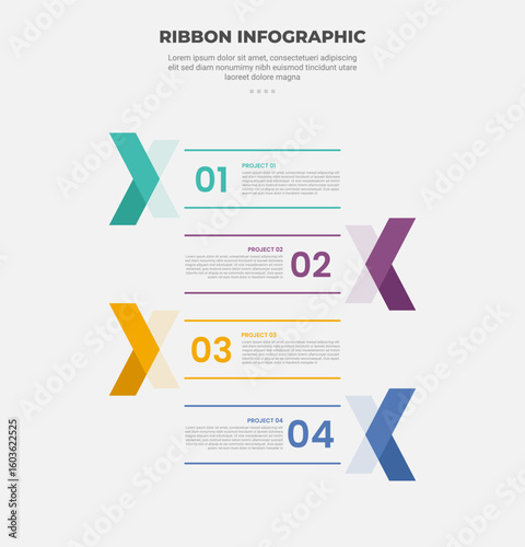 ribbon base shape infographic outline style with 4 point template with vertical list with arrow shape opposite direction for slide presentation