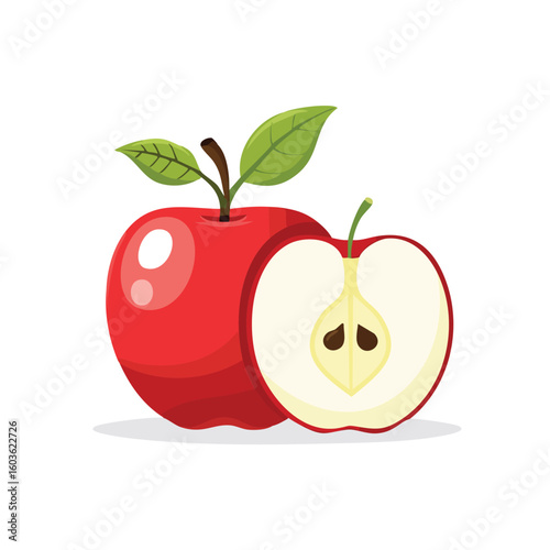 Cartoon Illustration of Whole and Split Red Apple - AI Generated