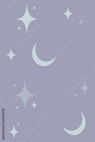 Pale blue crescent moons and starbursts scattered across a soft lavender background stars sparkle