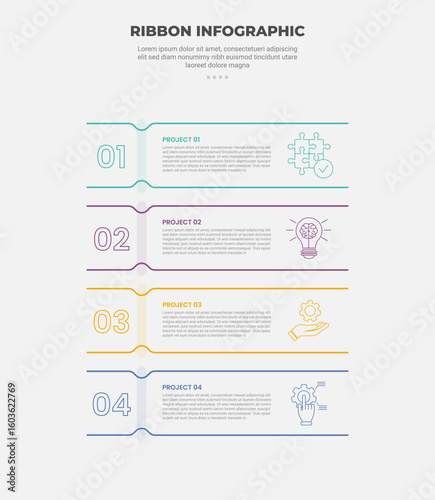 ribbon base shape infographic outline style with 4 point template with creative open box on vertical list with long line divider for slide presentation