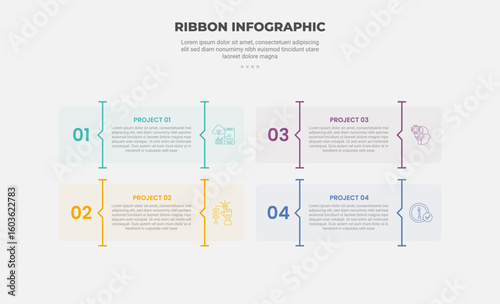 ribbon base shape infographic outline style with 4 point template with transparent box with vertical line divider for slide presentation