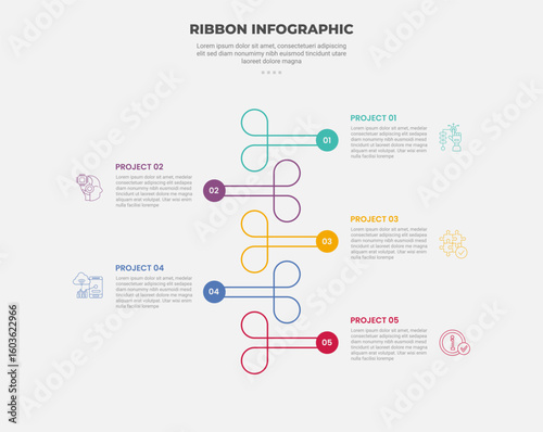 ribbon base shape infographic outline style with 5 point template with flat ribbon with circle badge opposite direction for slide presentation