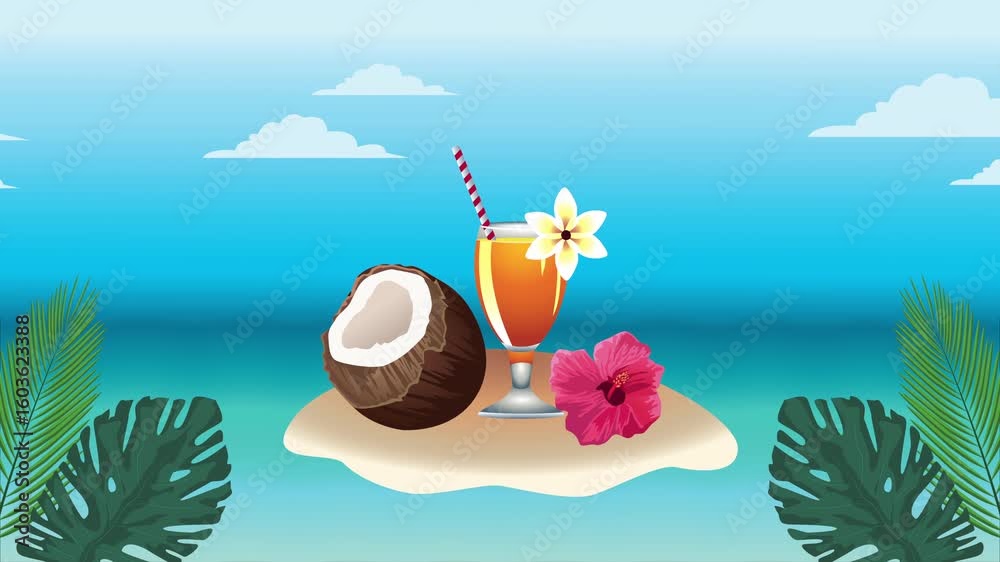 Hello summer holiday poster with coconut and tropical cocktail cup ,4k video animation - Stock Footage & Video