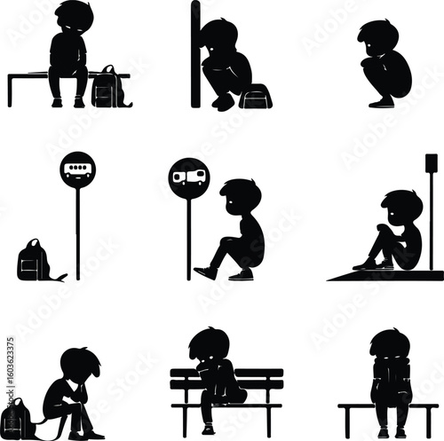 Boy with Backpack Waiting for School Bus – Silhouette Vector Icon Set Student at Bus Stop – Black Silhouette Design for School Commute