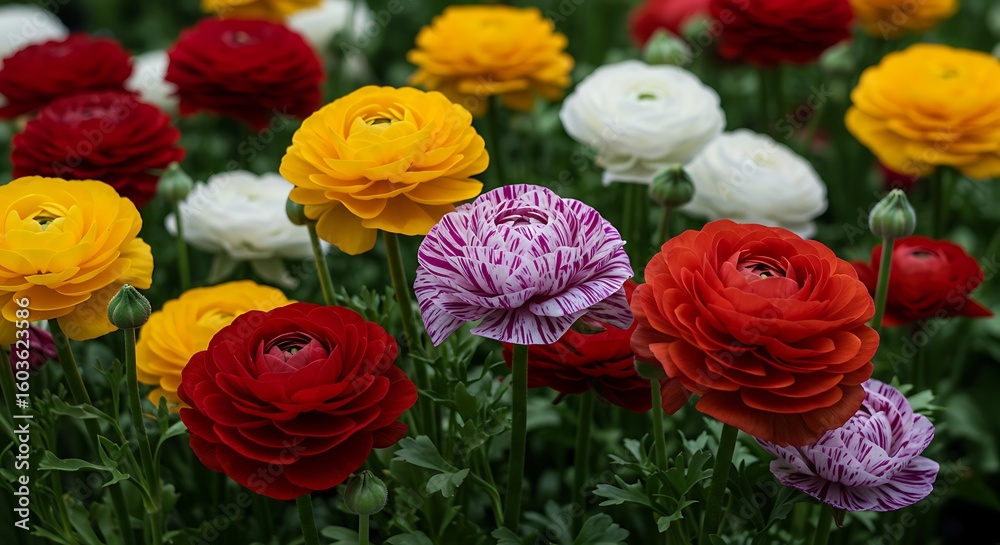 Fototapeta premium Close-up of vibrant ranunculus flowers in full bloom, showcasing a variety of colors including yellow, red, white, and striped purple.
