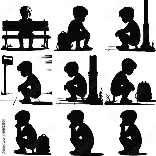 Boy with Backpack Waiting for School Bus – Silhouette Vector Icon Set Student at Bus Stop – Black Silhouette Design for School Commute