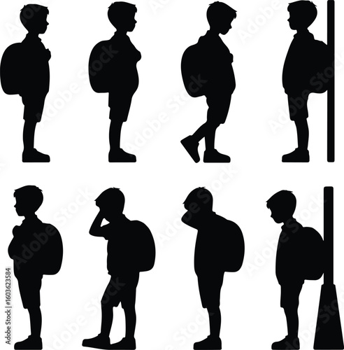 Boy with Backpack Waiting for School Bus – Silhouette Vector Icon Set Student at Bus Stop – Black Silhouette Design for School Commute