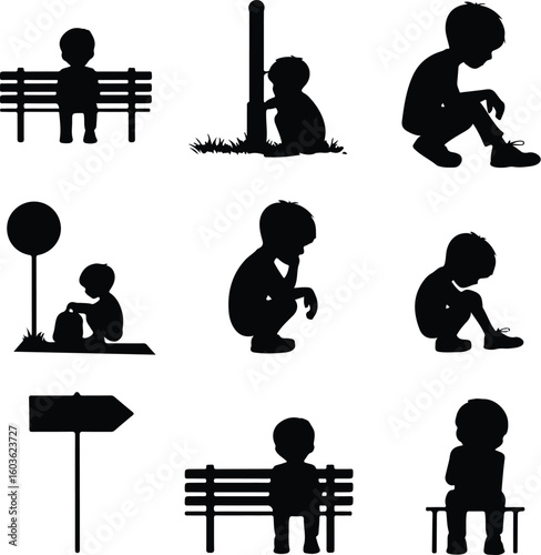 Boy with Backpack Waiting for School Bus – Silhouette Vector Icon Set Student at Bus Stop – Black Silhouette Design for School Commute