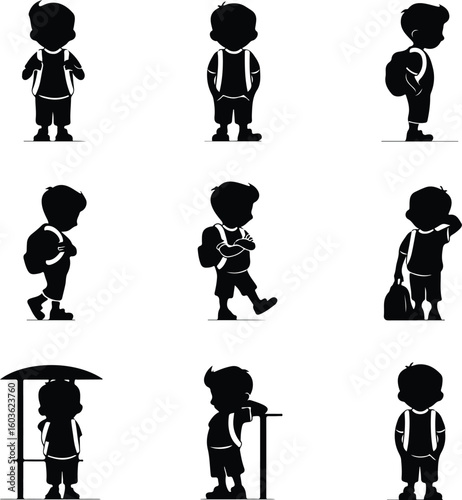 Boy with Backpack Waiting for School Bus – Silhouette Vector Icon Set Student at Bus Stop – Black Silhouette Design for School Commute