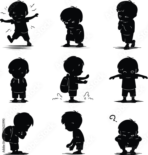 Boy with Backpack Waiting for School Bus – Silhouette Vector Icon Set Student at Bus Stop – Black Silhouette Design for School Commute