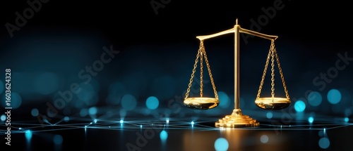 A golden balance scale stands on a dark surface, illuminated by blue glowing network-like connections in the background