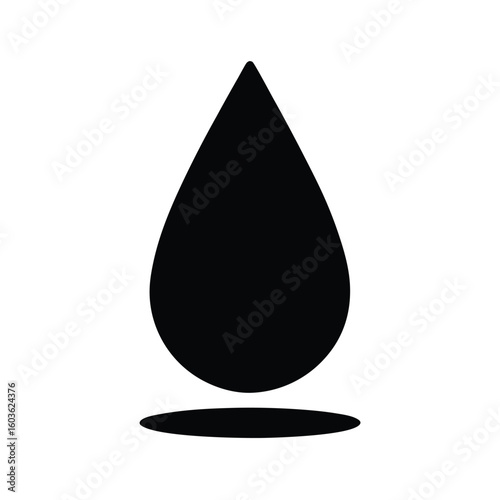 A black water drop with a shadow on a white background simple and clean