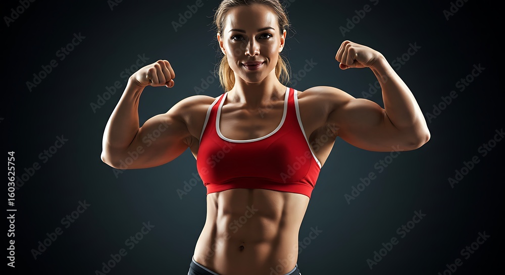 Obraz premium Strong fitness woman flexing biceps muscles