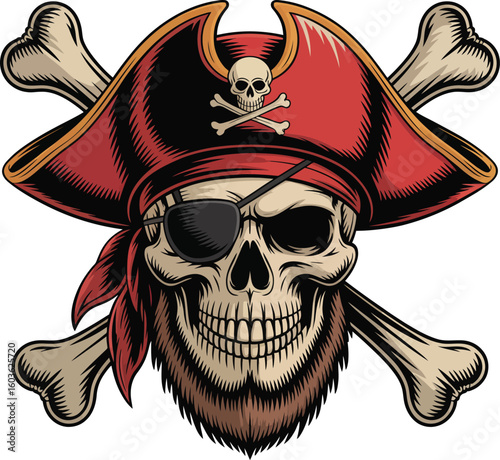 Fearsome pirate skull with crossed bones and eyepatch