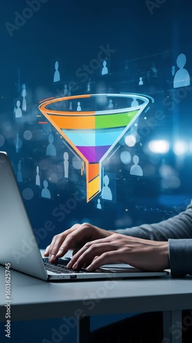 Person working on laptop with colorful digital funnel and floating user icons representing marketing conversion process. Concept of sales funnel, lead nurturing and digital strategy
