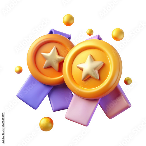 Two golden star medals with purple and pink ribbons isolated on transparent background